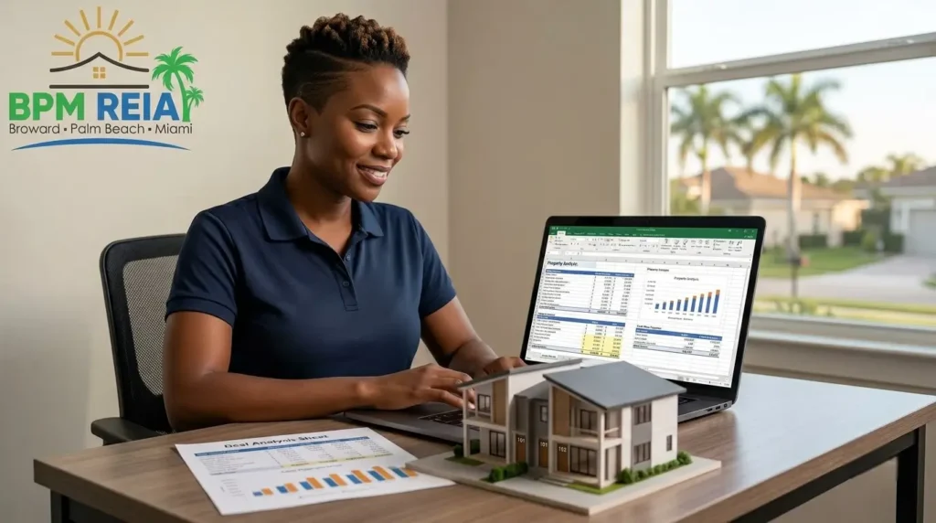 Real estate investor reviewing a property deal analysis in a Florida home office.