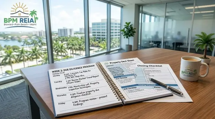 Weekly structure of a real estate mentorship program mapped out on a desk calendar