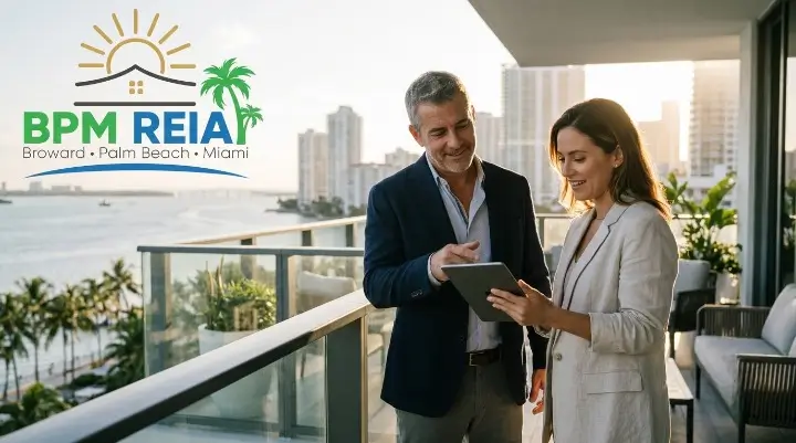 Mentor and investor reviewing a property deal with the Miami skyline behind them, best mentored real estate training Miami