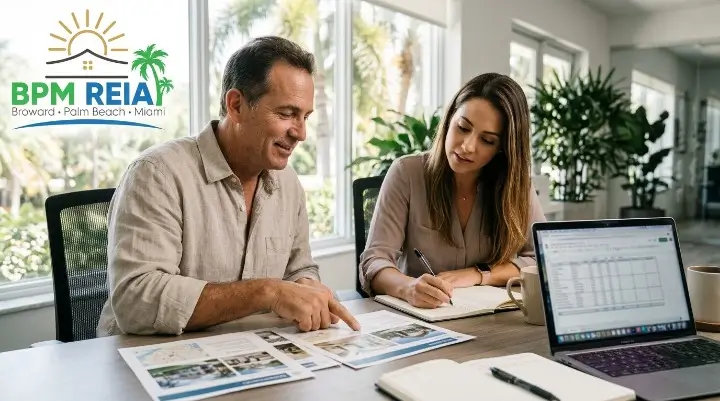 Mentor reviewing property numbers with a Miami real estate investor at a desk with a laptop and printed documents