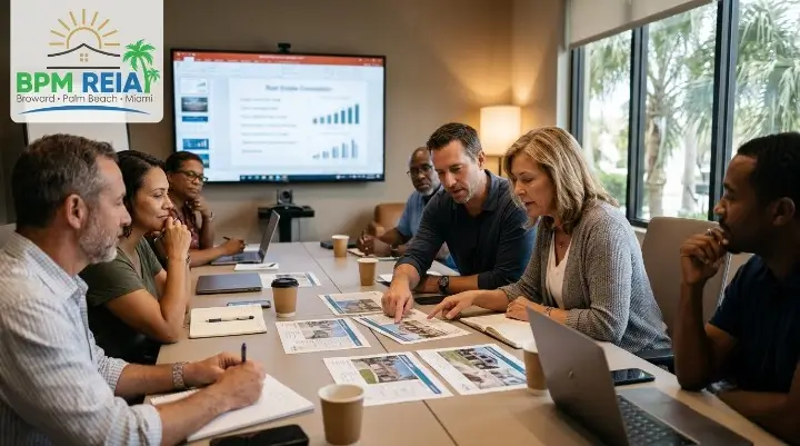 Real estate investors reviewing a property deal together at an in-person South Florida mentorship event