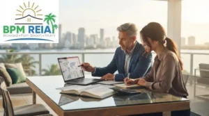 Best mentored real estate training Miami, a mentor and student reviewing a deal with the Miami skyline behind them