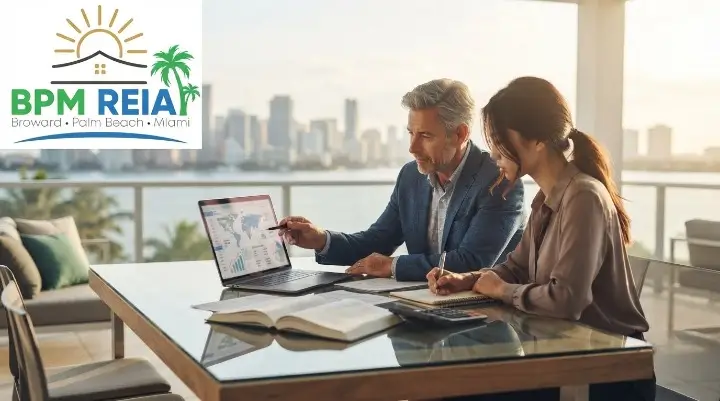 Best mentored real estate training Miami, a mentor and student reviewing a deal with the Miami skyline behind them