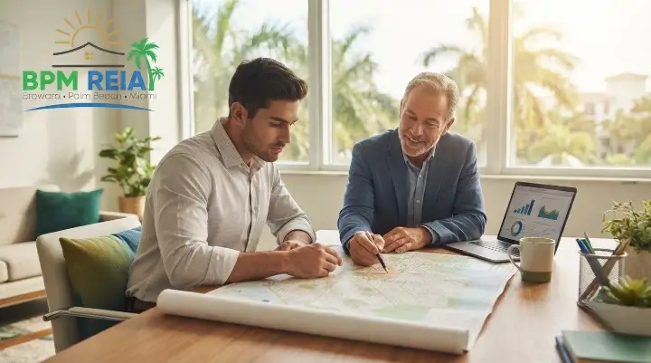 Best mentored real estate training Miami for beginners, a new investor studying a Miami neighbourhood map with a mentor