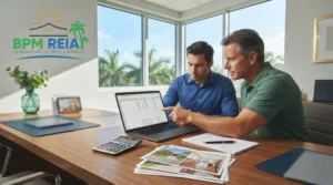 Mentorship for real estate flippers in Florida, an investor calculating ARV and rehab budget on a laptop