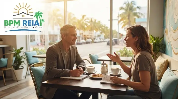 Real estate mentor reviews in Miami, a prospective student asking a past student questions over coffee