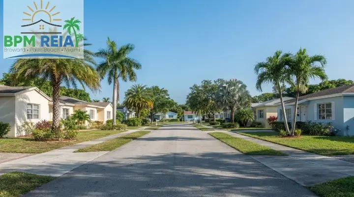 Residential street in Miami-Dade with older single-storey homes and palm trees