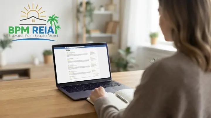 Person reading real estate mentor reviews on a laptop before choosing a programme