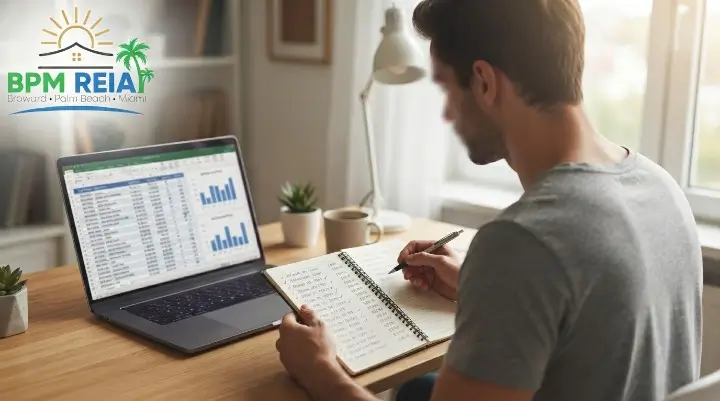 Beginner investor comparing sold prices for two neighbourhoods on a laptop