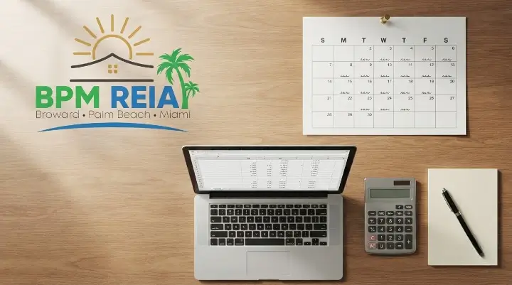 Investor checking holding costs and timeline for a house flip on a calendar and laptop