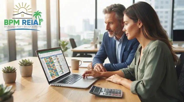 Mentor and flipper checking holding costs and timeline on a spreadsheet