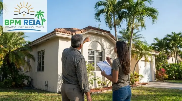 Mentor and student discussing a deal outside a Florida house during a walkthrough